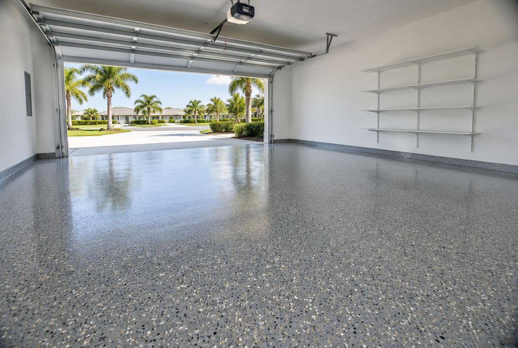A finished coated garage floor